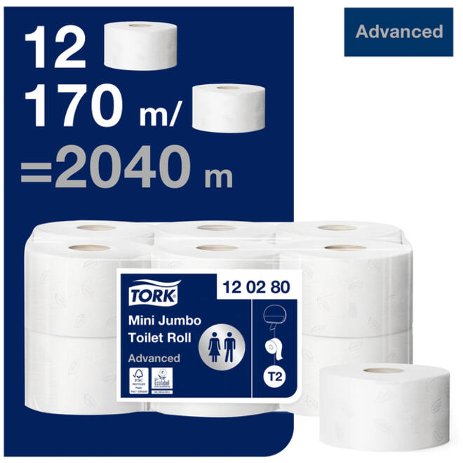 Toiletpapier Tork Mini Jumbo T2 advanced 2-laags 12 rollen wit 120280
