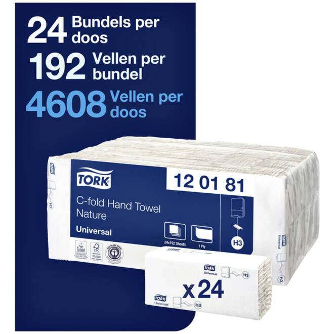 Handdoek Tork H3 c-vouw universal 1-laags naturel 120181