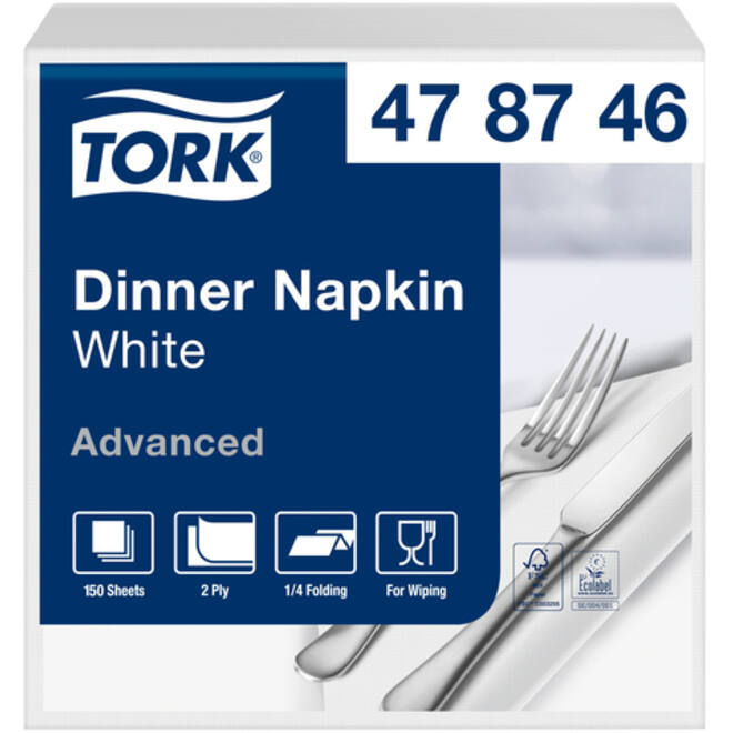 Dinerservetten Tork 2-laags 1/4-vouw 150st wit 478746