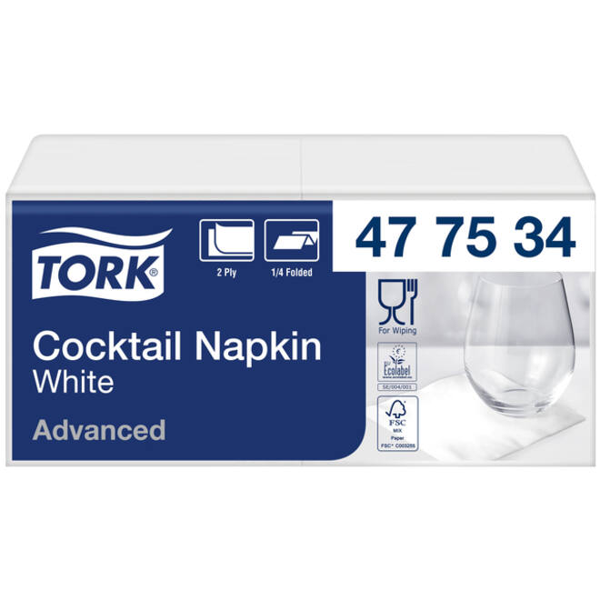 Cocktailservet Tork Advanced 1/4 vouw 2-laags 238x238mm 200 vel wit 477534