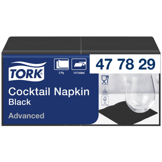 Cocktailservetten Zwart 1/4 -vouw 2-laags 24x24 200st zwart 477829