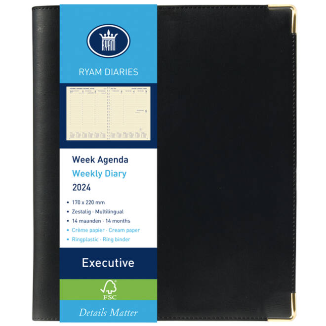 Agenda 2027 Ryam Executive Nappa 7dagen/2pagina's ringplastic zwart