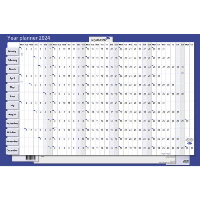 Jaarplanner 2027 Legamaster 90x60cm horizontaal gelamineerd Engelstalig
