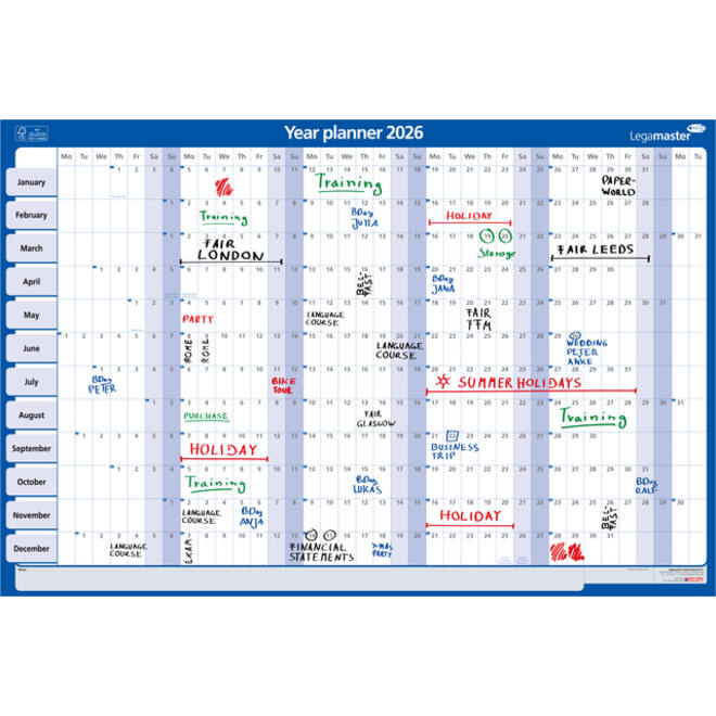 Jaarplanner 2027 Legamaster 90x60cm horizontaal gelamineerd Engelstalig