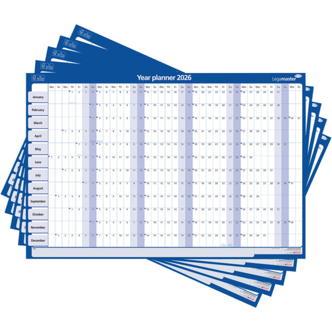 Jaarplanner 2027 Legamaster 90x60cm horizontaal gelamineerd Engelstalig