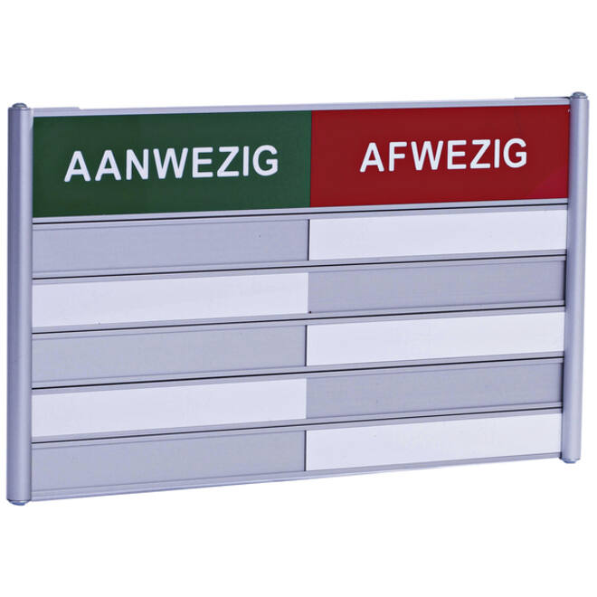 Aan- afwezigheidsbord voor 5 namen
