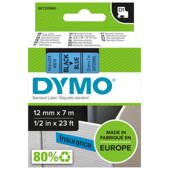 Labeltape Dymo LabelManager D1 polyester 12mm zwart op blauw