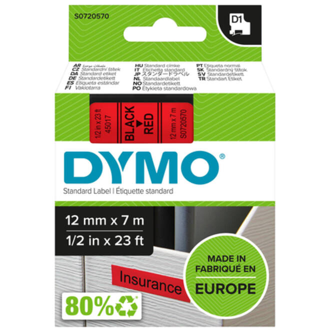 Labeltape Dymo LabelManager D1 polyester 12mm zwart op rood