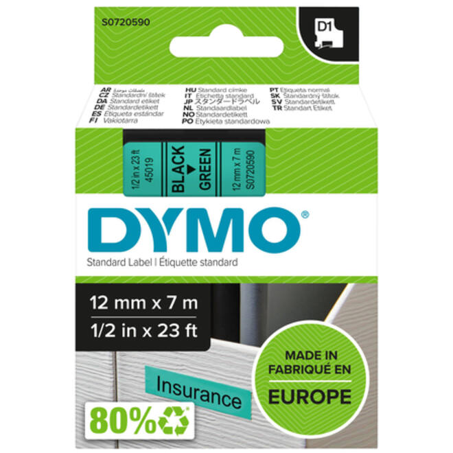 Labeltape Dymo LabelManager D1 polyester 12mm zwart op groen