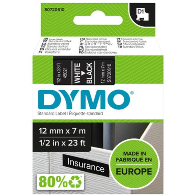 Labeltape Dymo LabelManager D1 polyester 12mm wit op zwart