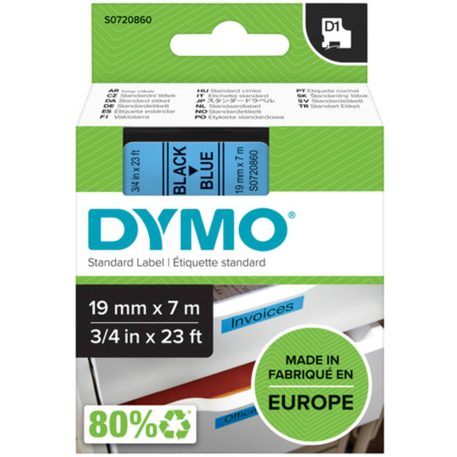 Labeltape Dymo LabelManager D1 polyester 19mm zwart op blauw