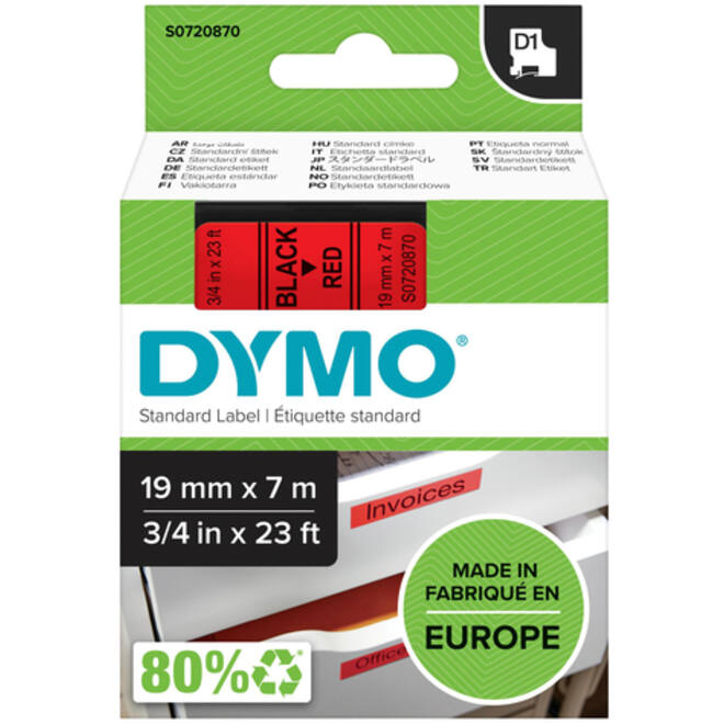 Labeltape Dymo LabelManager D1 polyester 19mm zwart op rood