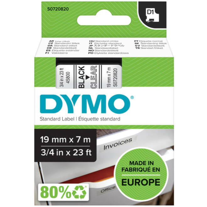 Labeltape Dymo LabelManager D1 polyester 19mm zwart op transparant