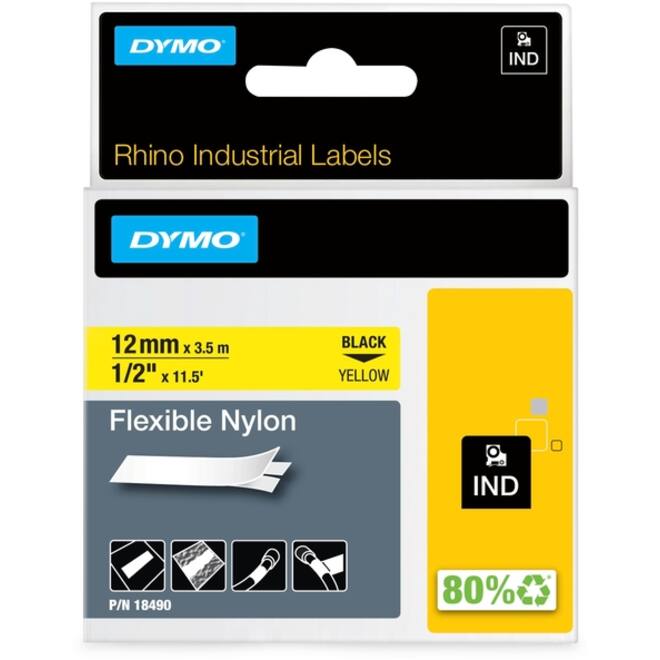 Labeltape Dymo Rhino industrieel nylon 12mm zwart op geel