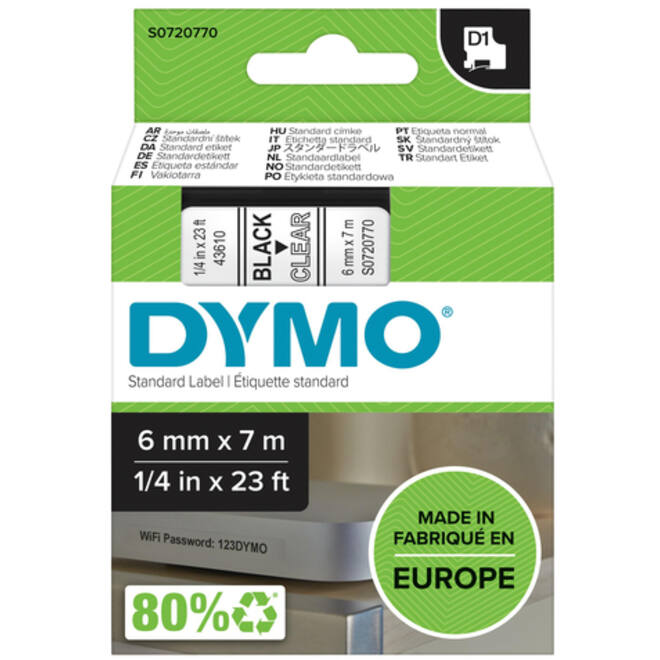 Labeltape Dymo LabelManager D1 polyester 6mm zwart op transparant
