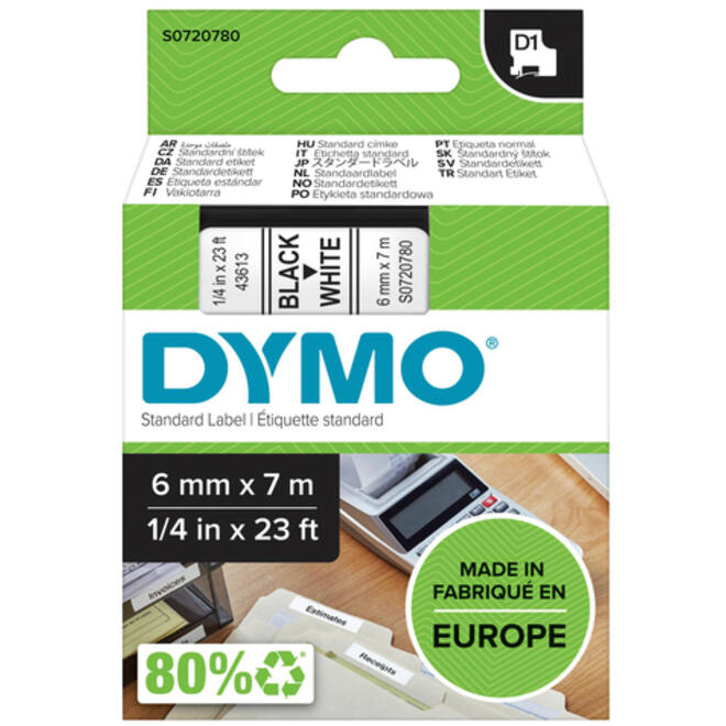 Labeltape Dymo LabelManager D1 polyester 6mm zwart op wit