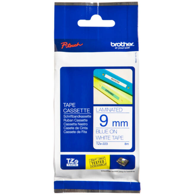 Labeltape Brother P-touch TZE-223 9mm blauw op wit