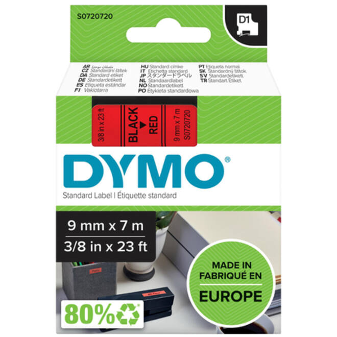 Labeltape Dymo LabelManager D1 polyester 9mm zwart op rood