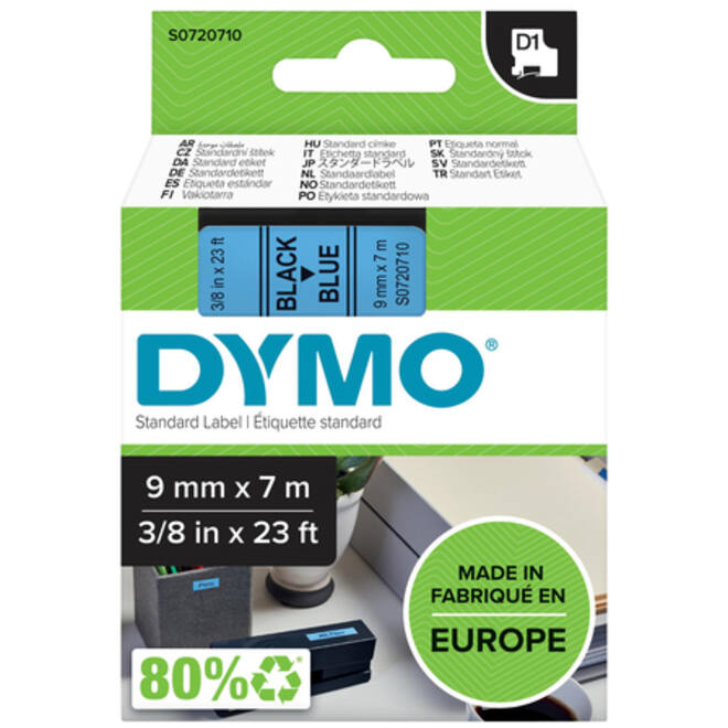 Labeltape Dymo LabelManager D1 polyester 9mm zwart op blauw