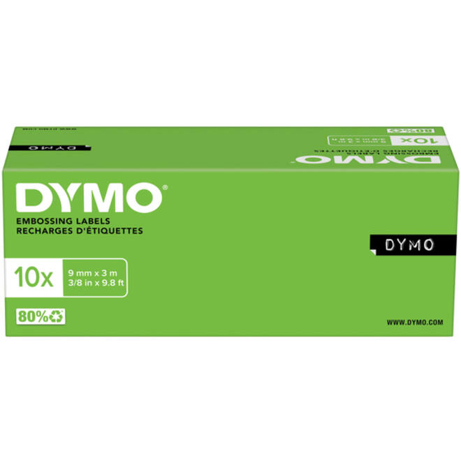 Reliëftape Dymo embossing plastic 9mm wit op zwart