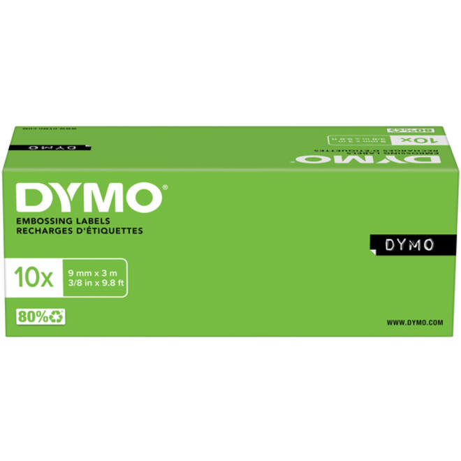 Reliëftape Dymo embossing vinyl 9mm wit op rood