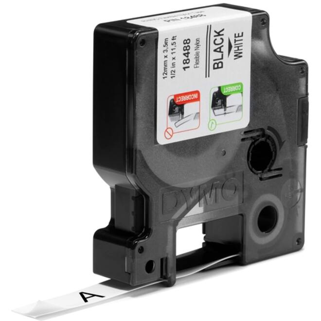 Labeltape Dymo Rhino industrieel nylon 12mm zwart op wit