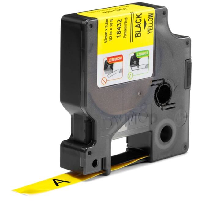 Labeltape Dymo Rhino industrieel vinyl 12mm zwart op geel