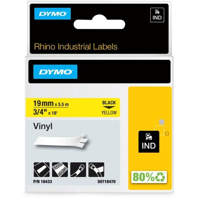 Labeltape Dymo Rhino industrieel vinyl 19mm zwart op geel
