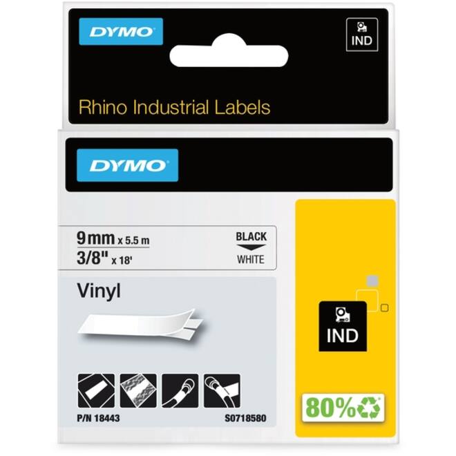 Labeltape Dymo Rhino industrieel vinyl 9mm zwart op wit