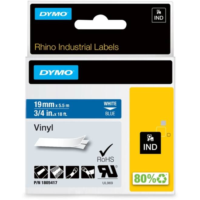 Labeltape Dymo Rhino industrieel vinyl 19mm wit op blauw