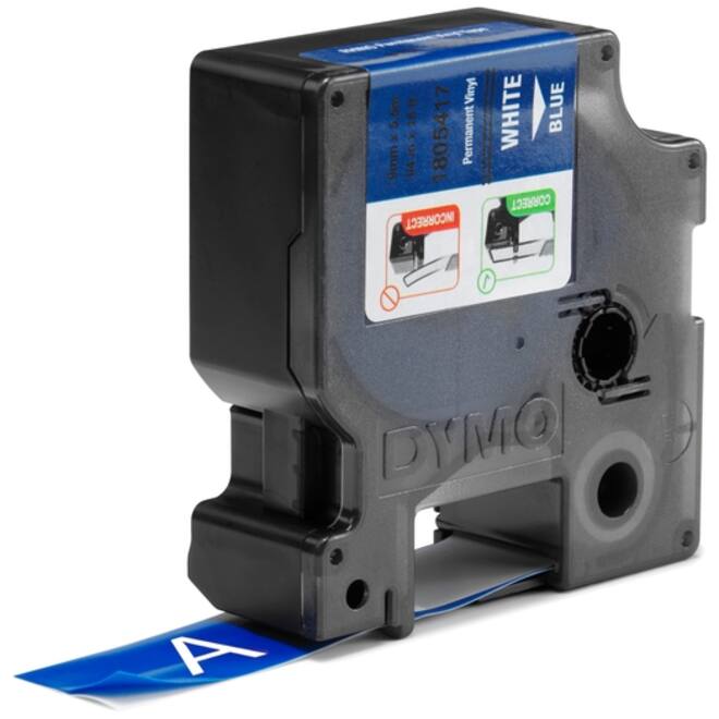 Labeltape Dymo Rhino industrieel vinyl 19mm wit op blauw
