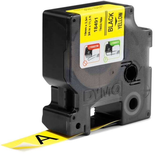 Labeltape Dymo Rhino industrieel nylon 19mm zwart op geel