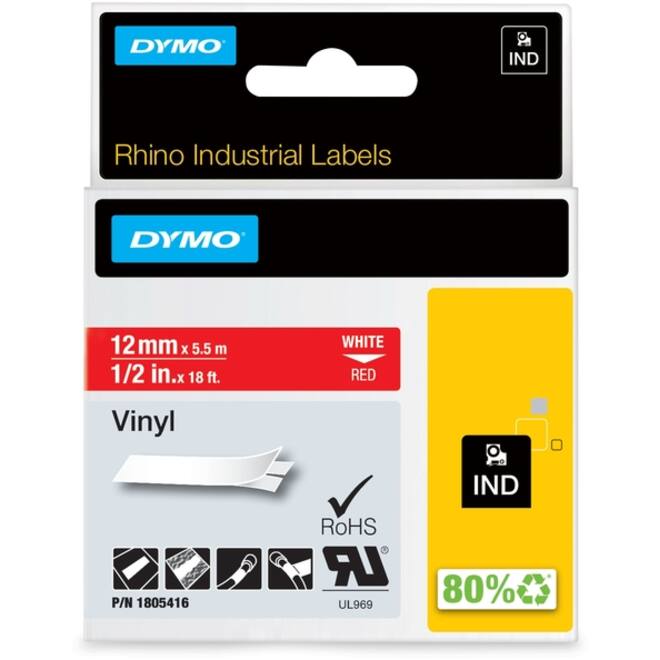 Labeltape Dymo Rhino industrieel vinyl 12mm wit op rood