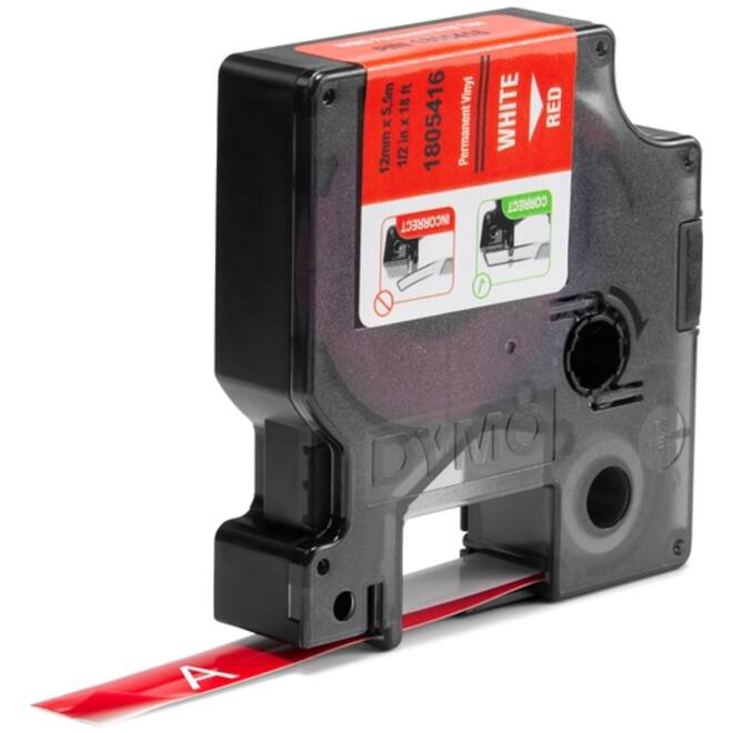 Labeltape Dymo Rhino industrieel vinyl 12mm wit op rood