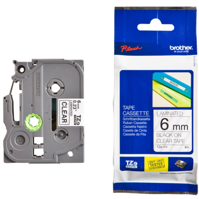 Labeltape Brother P-touch TZE-111 6mm zwart op transparant