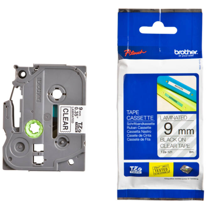 Labeltape Brother P-touch TZE-121 9mm zwart op transparant