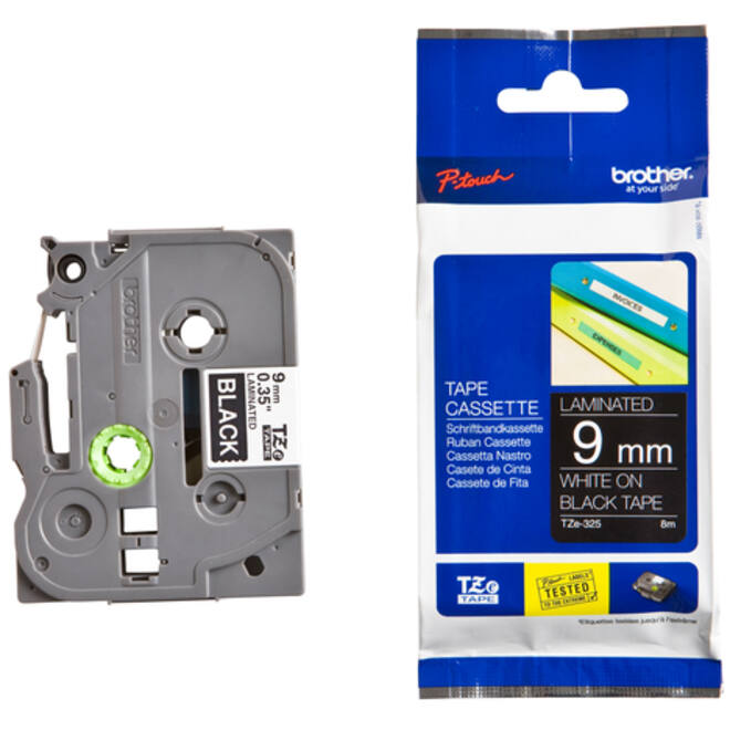 Labeltape Brother P-touch TZE-325 9mm wit op zwart