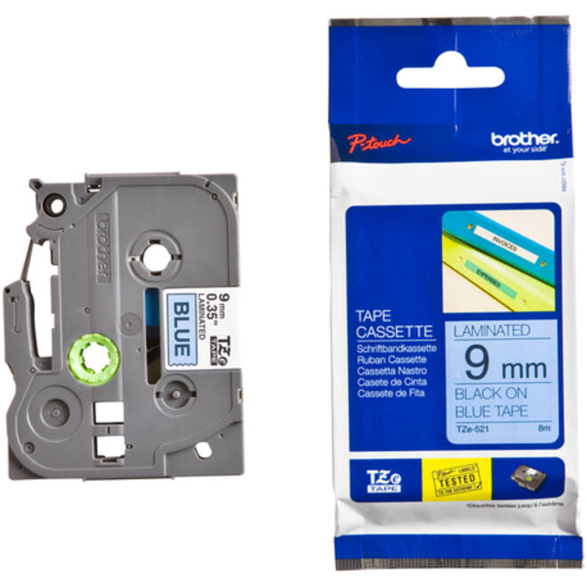 Labeltape Brother P-touch TZE-521 9mm zwart op blauw
