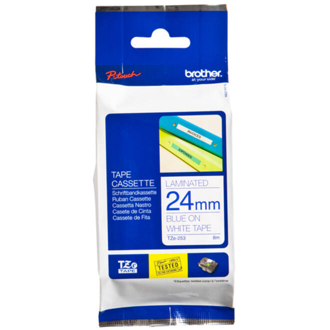 Labeltape Brother P-touch TZE-253 24mm blauw op wit