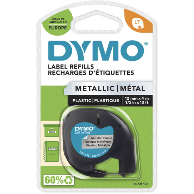 Labeltape Dymo LetraTag metallic 12mm zwart op zilver