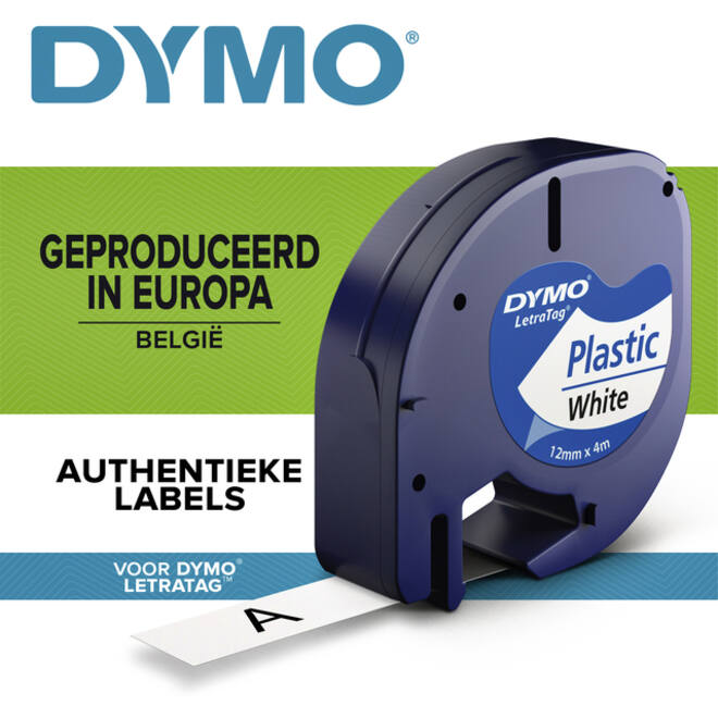 Labeltape Dymo LetraTag plastic 12mm zwart op wit