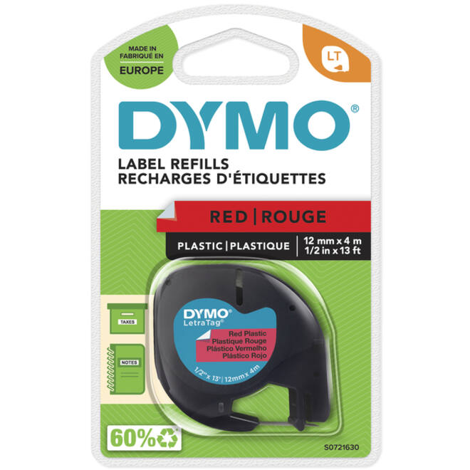 Labeltape Dymo LetraTag plastic 12mm zwart op rood