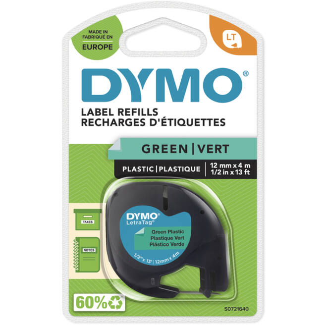 Labeltape Dymo LetraTag plastic 12mm zwart op groen
