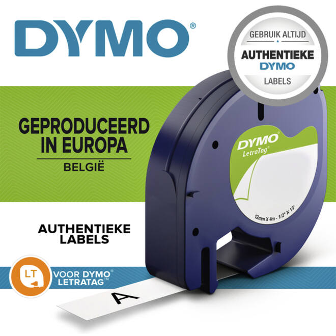 Labeltape Dymo LetraTag plastic 12mm zwart op geel