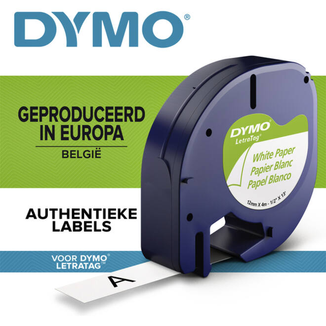 Labeltape Dymo LetraTag papier 12mm zwart op wit
