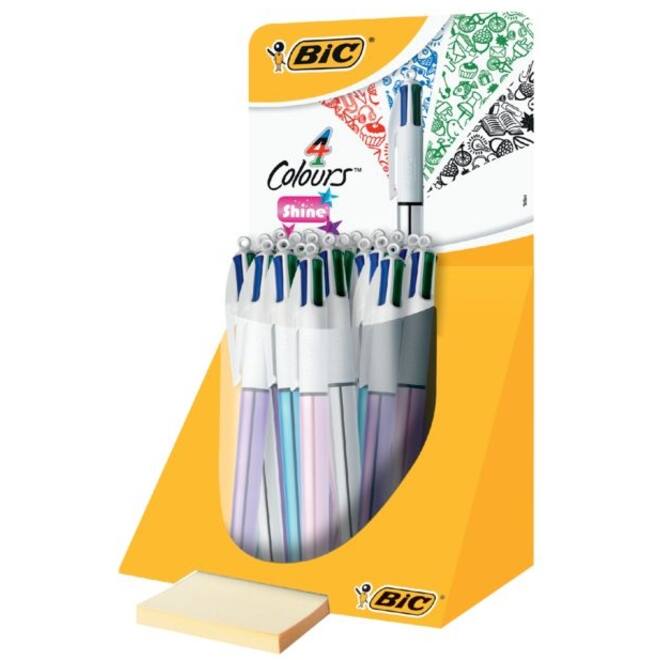 Balpen Bic 4kleuren shine medium zilver/paars/roze/blauw