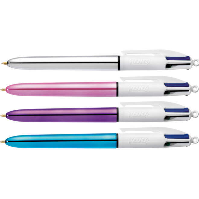 Balpen Bic 4kleuren shine medium zilver/paars/roze/blauw