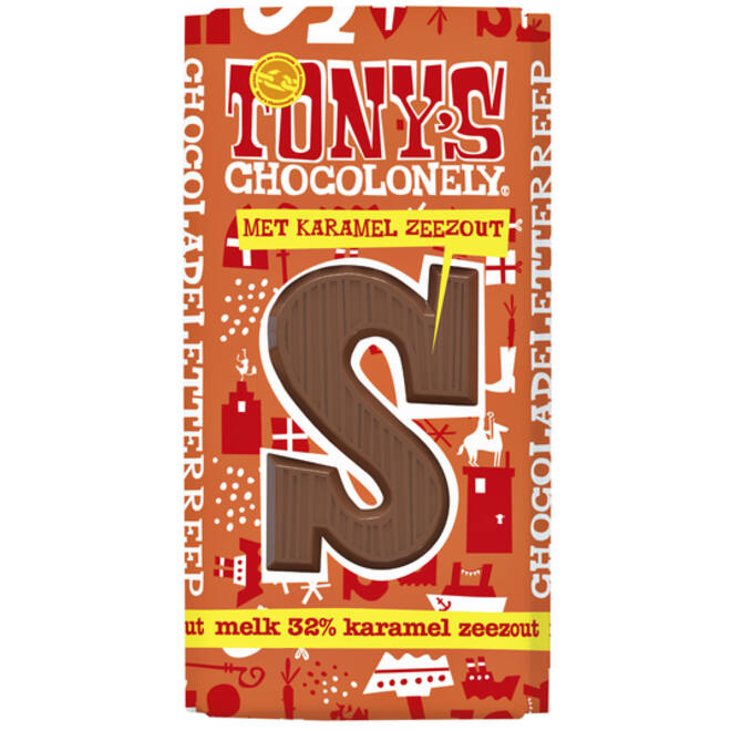 Chocoladeletter Tony's Chocolonely melk karamel zeezout S 180gr