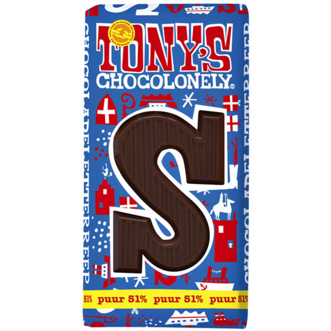 Chocoladeletter Tony's Chocolonely puur S 180gr