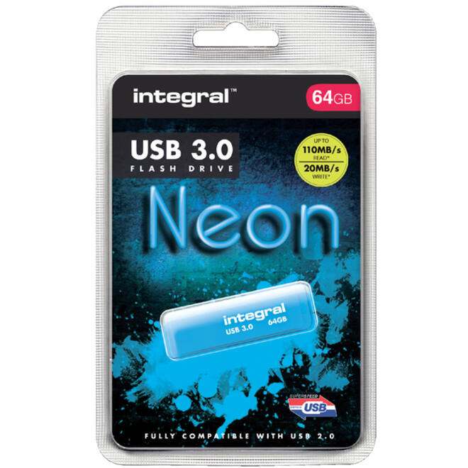USB-stick 3.0 Integral 64GB neon blauw